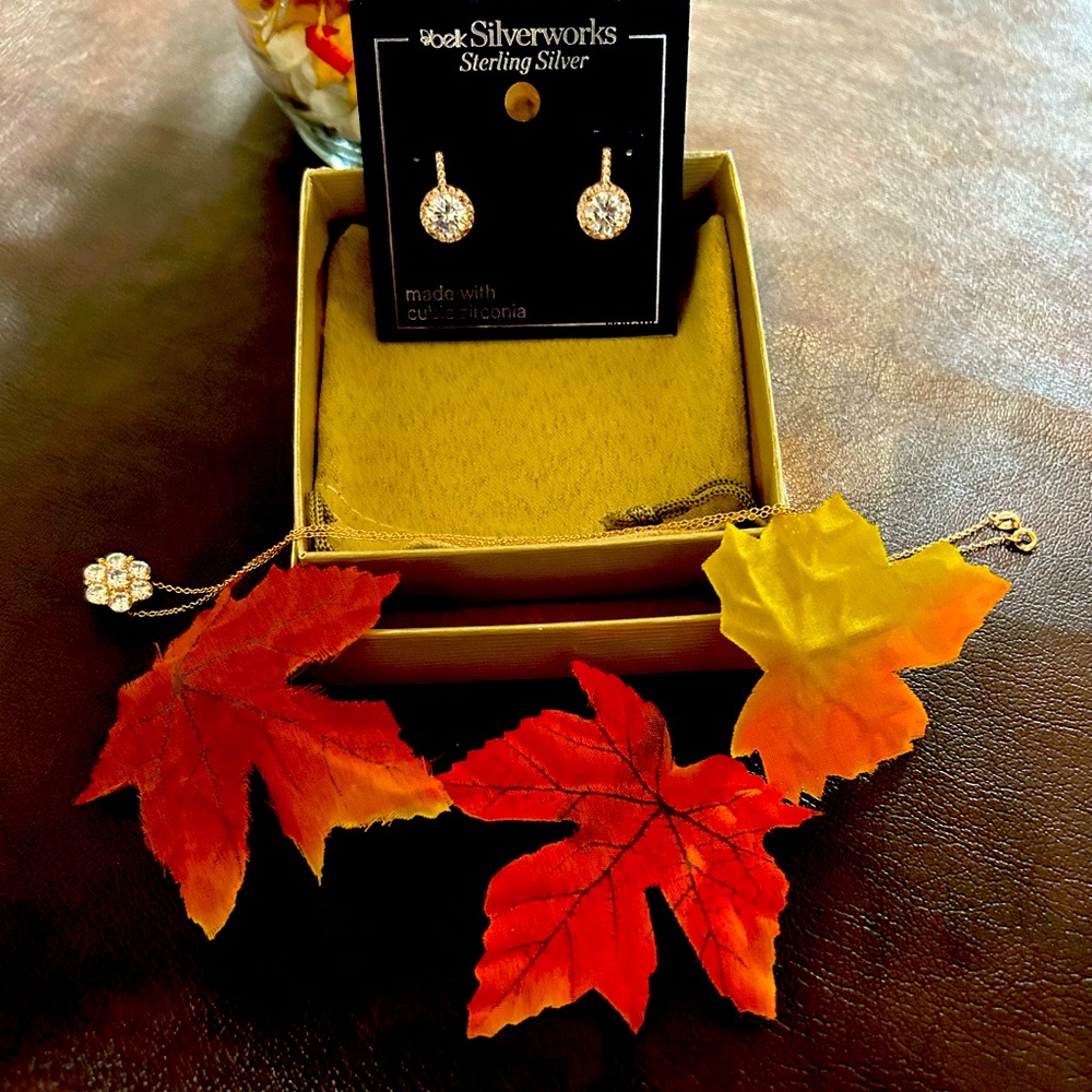 Silverworks Earrings Cubic Zirconia & Necklace Cubic Zirconia Both Rose Gold!